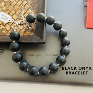 black onyx beaded bracelet 12mm smooth round Mate black gemstone jewelry-925 sterling silver-Handmade bracelet Black Bracelet gifts for her