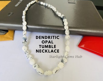 Dendritic Opal Beaded Necklace, White Gemstone Jewelry - 18 Inch