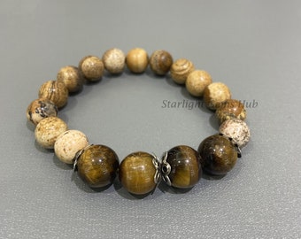 Tiger Eye & Jasper Beaded Bracelet: 10MM-12MM Round Gemstone Stretch Bracelet