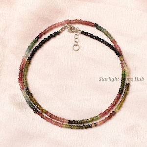 Natural multi tourmaline beaded necklace 3mm faceted rondelle Multi Tourmaline beads jewelry Multi color beads Best gift for her 925 silver