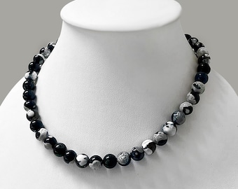 Snowflake Jasper Beaded Necklace, 925 Sterling Silver Clasp, 10mm