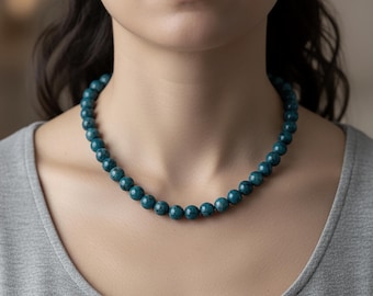 Collana con perline di diaspro blu, chiusura in argento sterling 925, 10 mm