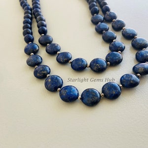 Genuine blue lapis lazuli beaded necklace-12MM Smooth Coin Lapis Gemstone jewelry-Layering necklace-925 magnetic lock-Bridesmaid gifts-gifts