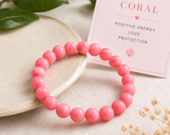 10mm Natural Pink Coral Beaded Bracelet | Coastal Gemstone Stretch Jewelry