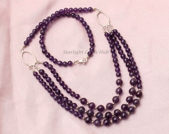 Fuchsia Amethyst beaded necklace-Connecting layering necklace-6mm-8mm plain round beads-natural amethyst necklace-Healing stone jewelry