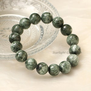 Natural Seraphinite Beaded Bracelet-12MM Smooth Round Green Gemstone jewelry Seraphinite Jewelry-Stretchable bracelet gift for her