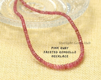 Gefacetteerde roze robijnketting, 925 sterlingzilveren sluiting, geboortesteen juli