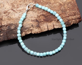 Larimar-Edelsteinarmband – AAA++ Larimar-Schmuck aus der Dominikanischen Republik – 4 mm facettierte Würfelperlen – Geburtssteinschmuck – Handgefertigtes Armband – Geschenkidee
