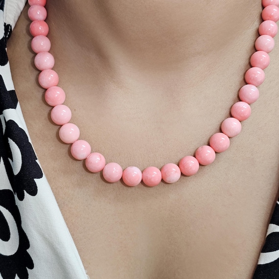 Natural Pink Coral Necklace – 10mm Round Beads, 18-inch Handmade