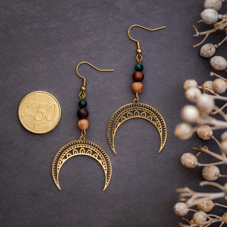 Crescent Moon Earrings with Agate Gemstones Spiritual JewelryStatement Hippie Earrings image 9