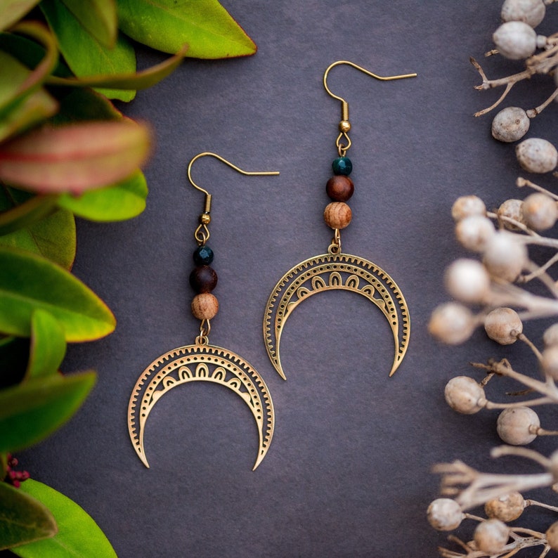 Crescent Moon Earrings with Agate Gemstones Spiritual JewelryStatement Hippie Earrings image 1