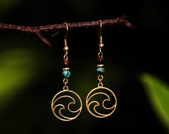 Ocean Love Earrings with Turquoise Gemstones | Spiritual Jewelry | Hippie Earrings | Surfer Earrings | Gold Gemstone Drop Earrings