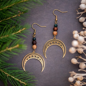 Crescent Moon Earrings with Agate Gemstones Spiritual JewelryStatement Hippie Earrings image 10