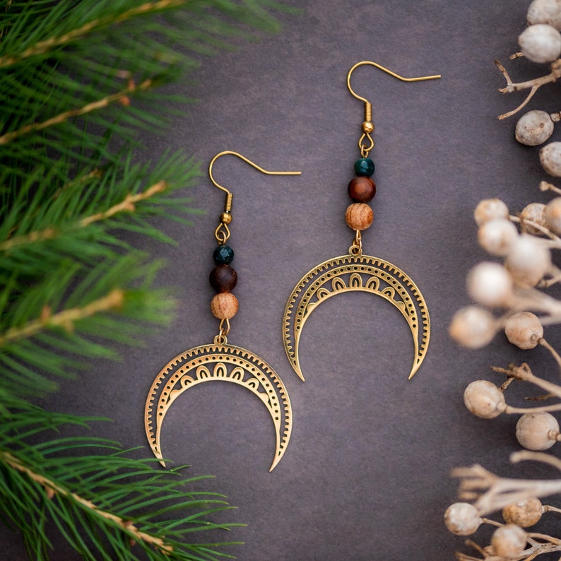 Crescent Moon Earrings with Agate Gemstones Spiritual JewelryStatement Hippie Earrings image 10