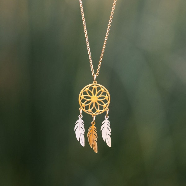 Traumfänger Kette aus vergoldetem Edelstahl*Glücksbringer Halskette mit Federn*Spirituelles Geschenk