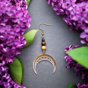 Crescent Moon Earrings with Agate Gemstones Spiritual JewelryStatement Hippie Earrings image 6