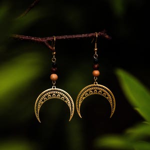 Crescent moon earrings with agate gemstones | Golden gemstone earrings | Boho jewelry | Spiritual jewelry | Golden dangling earrings
