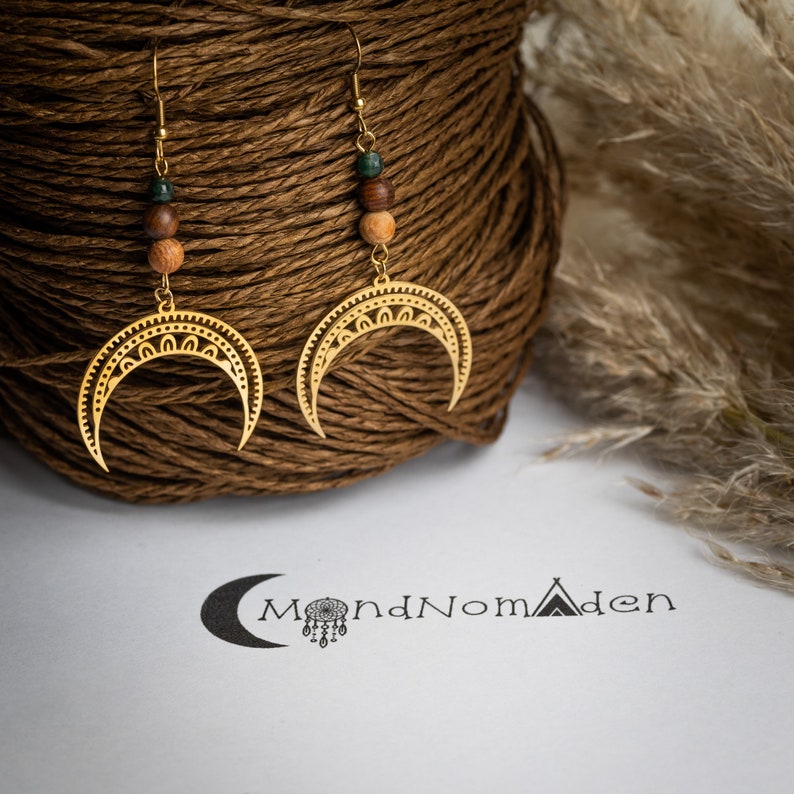 Crescent Moon Earrings with Agate Gemstones Spiritual JewelryStatement Hippie Earrings image 2