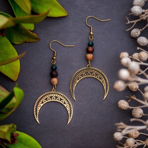 Crescent Moon Earrings with Agate Gemstones Spiritual JewelryStatement Hippie Earrings image 4