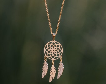 Goldene Traumfänger Kette *Glücksbringer Halskette mit Federn*Spirituelles Geschenk* Boho Schmuck