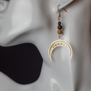 Crescent Moon Earrings with Agate Gemstones Spiritual JewelryStatement Hippie Earrings image 5