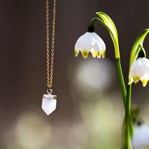 Könnte beinhalten: Eine zarte goldene Kettenkette mit einem weißen Kristall-Anhänger in Tropfenform. Die Kette hängt vor einem Hintergrund aus weißen Blüten mit grünen Stielen.