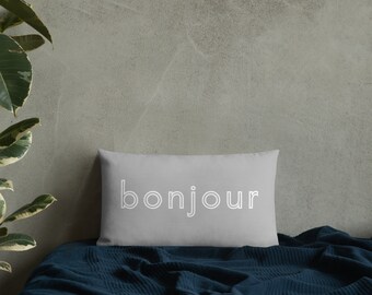 Bonjour Lumbar Pillow | French Slogan, Travel Gift