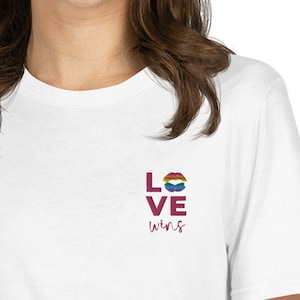 lgbtq love wins embroidered unisex t-shirt | pride month | parade | flag | love is love | rights | equality | gay lesbian bi trans queer