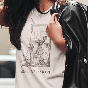 memento mori unisex t-shirt | dark academia | hourglass | skull | fine line art | cottagecore | light academia