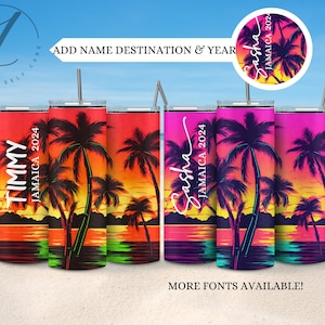 Personalized vacation tumblers, Neon palm tree family vacation tumblers, His and her matching vacation tumbler, Custom group trip tumblers