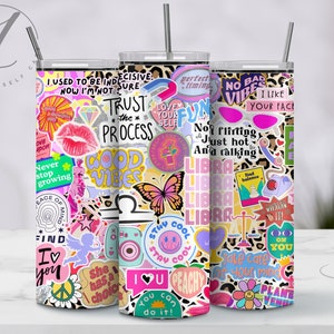 May include: A stainless steel tumbler with a colorful design featuring stickers and text. The design includes the words "Trust the Process", "Good Vibes", "Stay Cool", "Libra", and "No Bad Vibes".