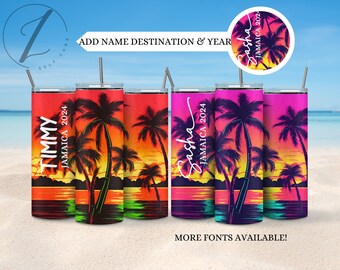 Personalized vacation tumblers, Neon palm tree family vacation tumblers, His and her matching vacation tumbler, Custom group trip tumblers