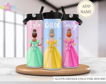 Botella de agua de princesa, botella de agua escolar, taza para niños con nombre, regalo de botella de agua de muñeca mágica, botella de agua de princesa personalizada para niñas
