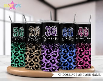 Vasos de cumpleaños con purpurina de guepardo, taza para 30 cumpleaños, regalo de vaso de cumpleaños, taza personalizada para 50 cumpleaños, regalo para mejor amigo, taza personalizada para tu edad