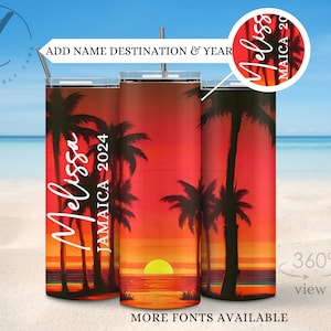 Gobelet de vacances en Jamaïque, tasse coucher de soleil palmier, gobelets de vacances en famille personnalisés, gobelet de voyage pour filles de la Jamaïque, tasses de vacances personnalisées avec noms