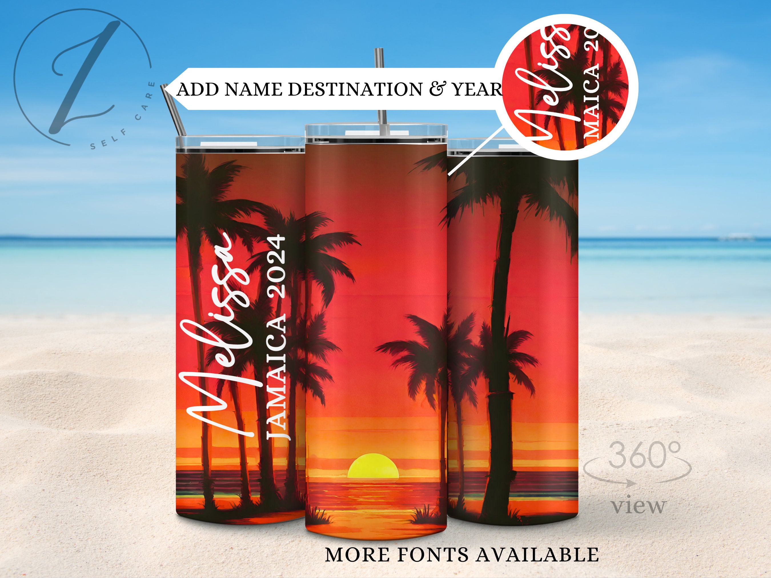 Jamaica Vacation Tumbler, Palm Tree Sunset Cup, Custom Family Vacation