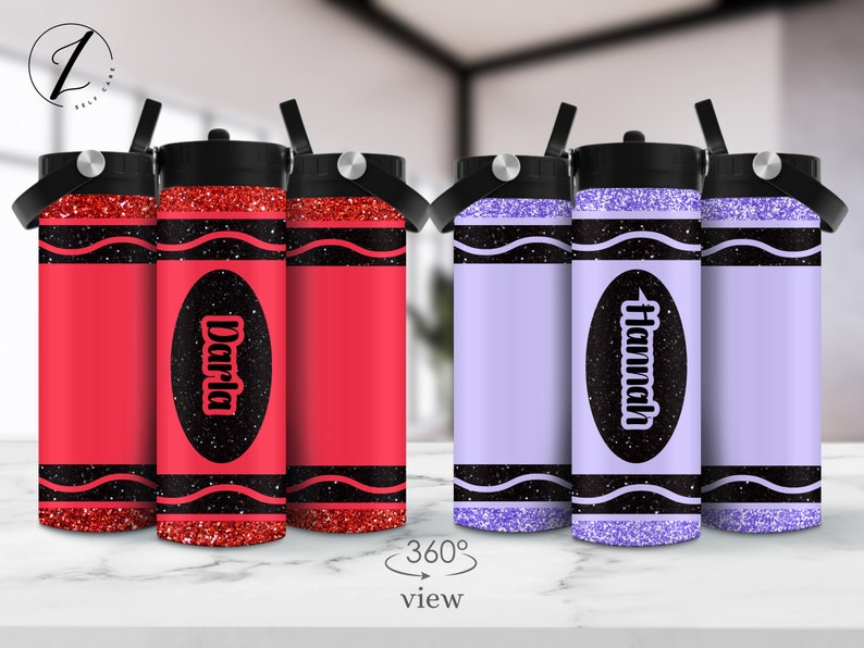 May include: Three personalized water bottles with glitter and black accents. The bottles are shaped like crayons and have the names "Darla" and "Hannah" on them.