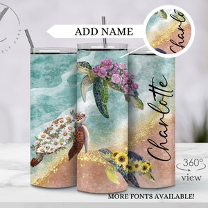 Boho sea turtle beach tumbler, Personalized sea turtle tumbler, Gift for sea turtle lover, Cup with sea turtles, Floral boho sea turtle cup