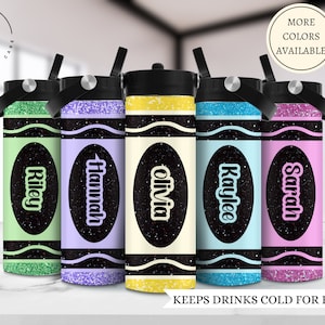 May include: Five personalized water bottles with a crayon design. The bottles are green, purple, yellow, blue, and pink. Each bottle has a name on it: Riley, Hannah, Olivia, Kaylee, and Sarah. The text "KEEPS DRINKS COLD FOR HOURS!" is at the bottom of the image.