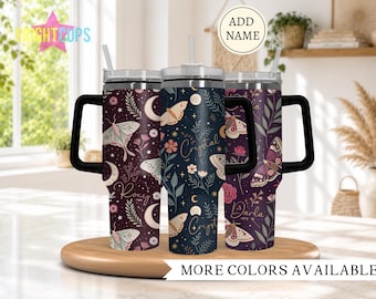 Luna Moth tumbler 40 oz tumbler, Cottage core theme tumbler, Customized name tumbler with handle, Crescent moon, Halloween cup, Witchy moth