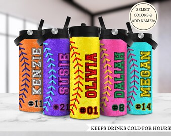 Botella de agua para jugadora de sóftbol para equipo, vaso personalizado para jugadora de sóftbol, botella de agua isotérmica con nombre y número, vaso para béisbol infantil, escuela secundaria