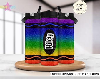 Botella de agua infantil con diseño de crayones arcoíris, botella de agua escolar para niña, vasos infantiles personalizados con nombre, botella de agua escolar con diseño de crayones brillantes de colores