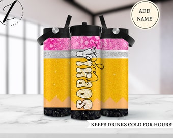 Garrafa de água de lápis com nome, Garrafa de água escolar com glitter para meninas, Copo infantil à prova de vazamento com isolamento e nome, Garrafa de água para o ensino fundamental