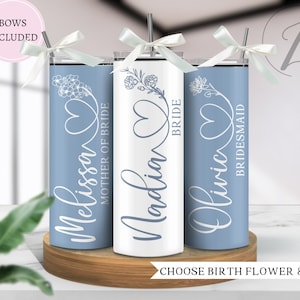 Bridesmaid proposal tumblers with name, Birth flower tumblers for bridal party, Dusty blue wedding party tumblers, Gift for bridesmaids