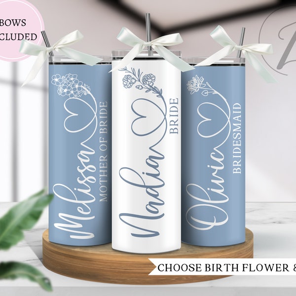 Bridesmaid proposal tumblers with name, Birth flower tumblers for bridal party, Dusty blue wedding party tumblers, Gift for bridesmaids