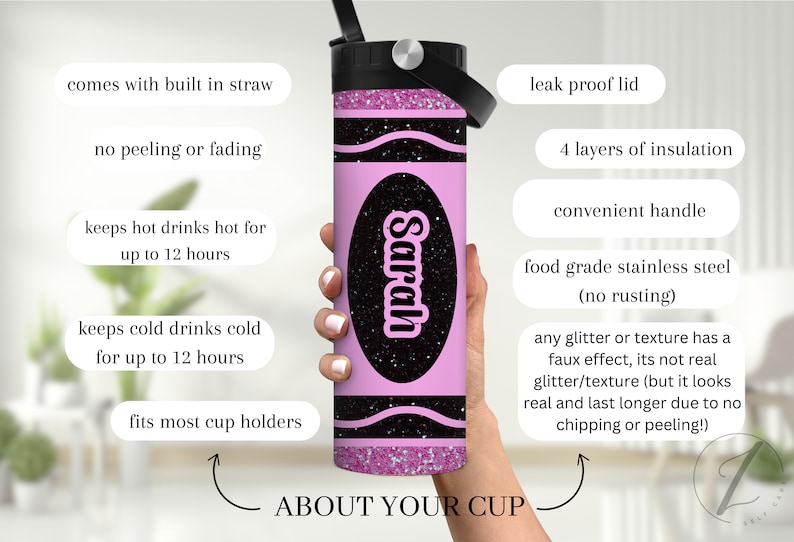 May include: Pink and black insulated tumbler with a glitter finish. The tumbler has a black handle, a black lid, and a black oval with the name "Sarah" written in white. The tumbler is designed to look like a crayon.