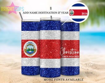 Vasos de vacaciones en Costa Rica, Vaso con bandera brillante, Vasos a juego para viajes grupales de niñas, Vasos de cumpleaños, Vaso familiar de Costa Rica