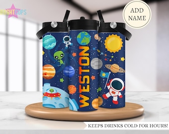 Space boy water bottle, Boy who loves planets, School water bottle for boys, Solar system astronaut cup, Custom name insulated cup