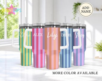 Custom Stripes 40oz tumbler with name, Pastel color stripes, 40 ounce with handle, Personalized cup with name, Everyday cup, Trendy stripes