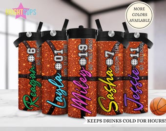 Botella de agua deportiva para baloncesto femenino, vasos térmicos para equipos, vaso de baloncesto con purpurina, regalo para jugadoras, botellas de agua personalizadas para equipos con nombre